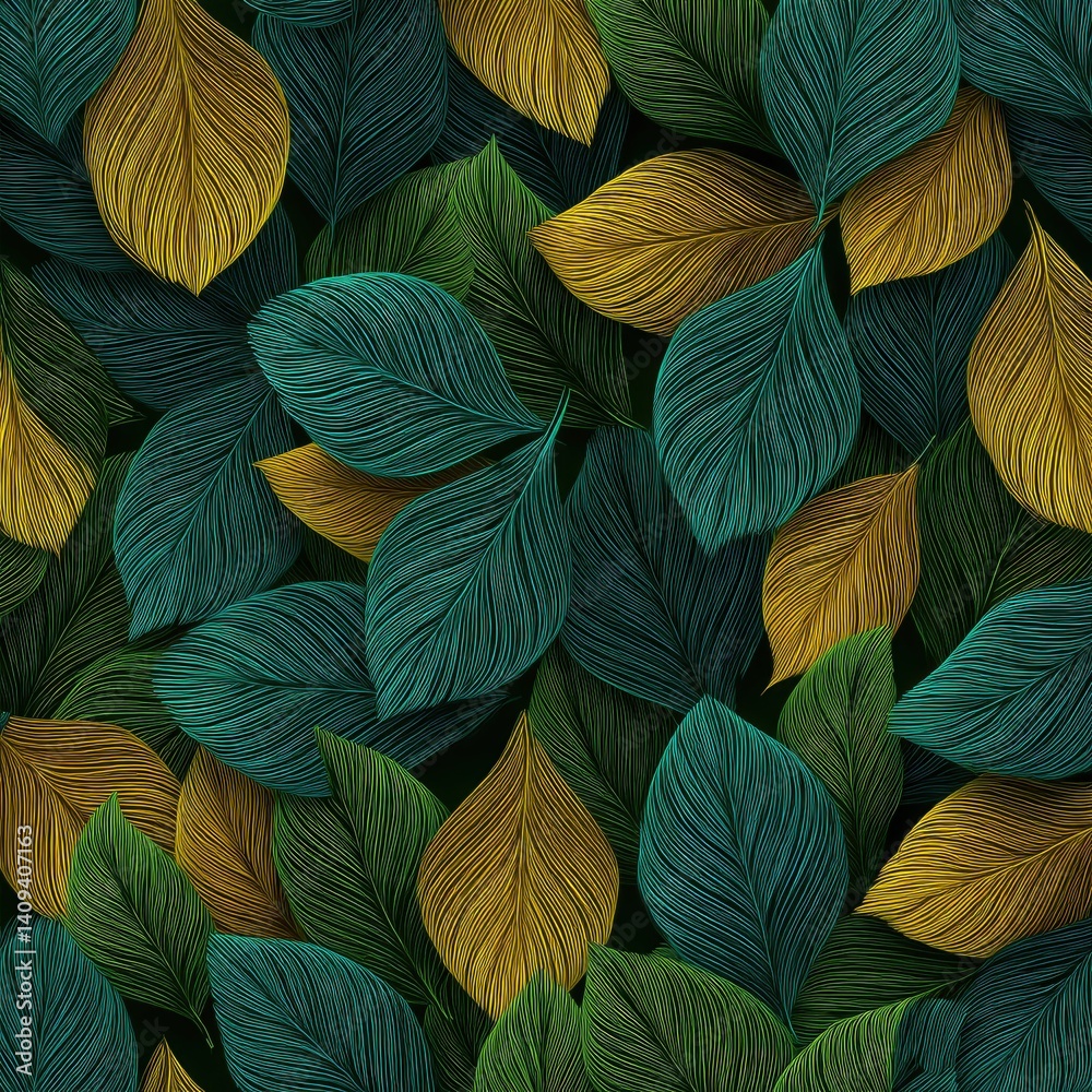 Fototapeta premium Intricate Teal and Gold Leaf Pattern: A Lush, Textured Botanical Design