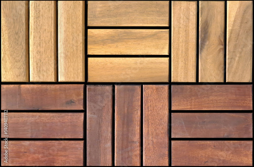 Seamless natural brown rustic wood decking texture in checkerboard square and stripes pattern, in many variations with interlocking system. Square and striped solid wooden tiles decking system