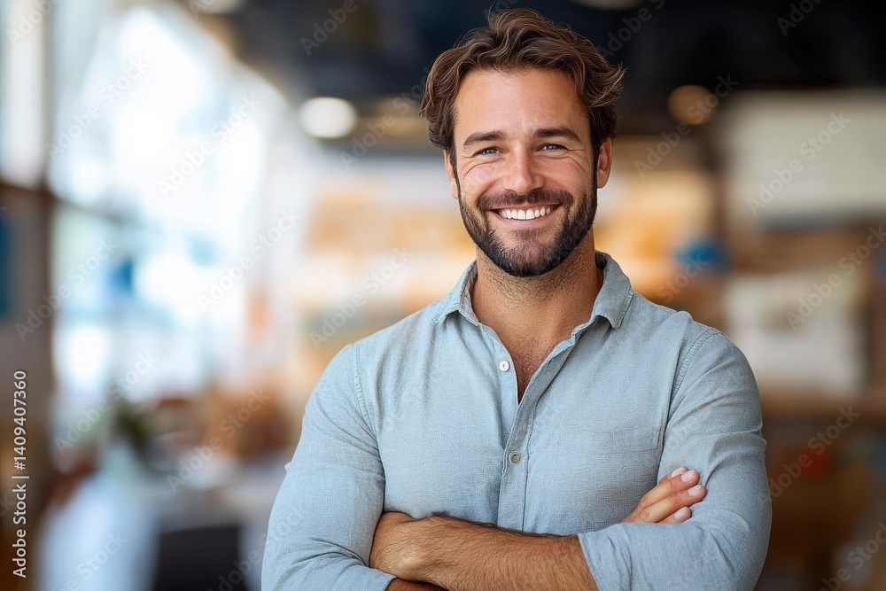 Fototapeta premium Smiling Professional Man Holding Tablet in Modern Office Environment