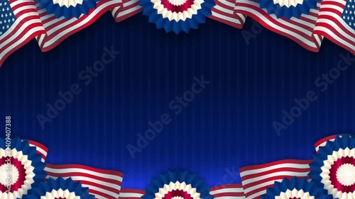 american theme background with flag and paper fan ornament, and blue background copy space suitable for independence or memorial day