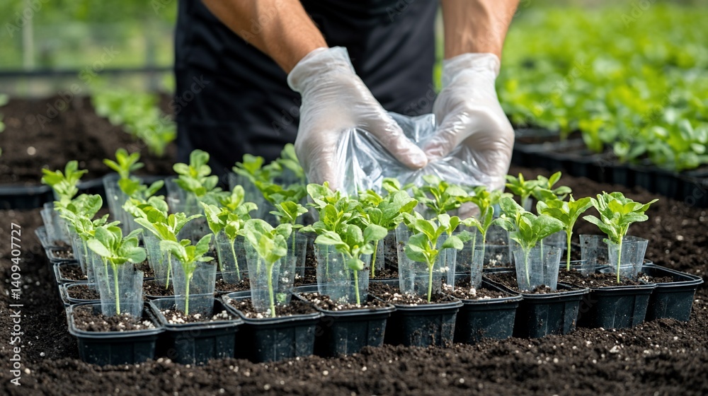 Fototapeta premium Gardener planting seedlings in trays inside a greenhouse, with rows of other plants