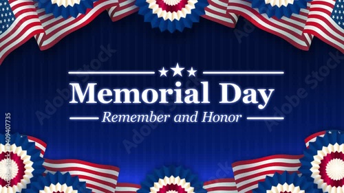 american theme memorial day background with flag and paper fan ornament, and blue background