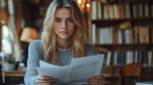 Woman Reviewing Documents on Laptop in a Quiet Library Workspace
