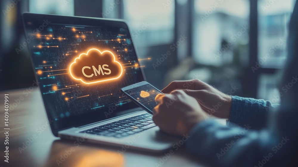 Businessman Managing Content On Cloud CMS Platform, Accessing Data On Laptop And Phone