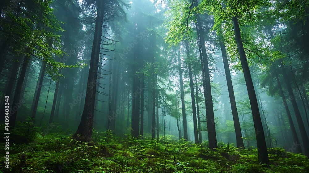 Obraz premium Lush Green Forest Scene with Sunlight Shining Through the Dense Trees