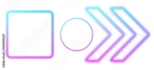Neon frames with glowing gradient borders. Colorful futuristic UI signs set. Modern vector illustration with geometric shapes. PNG