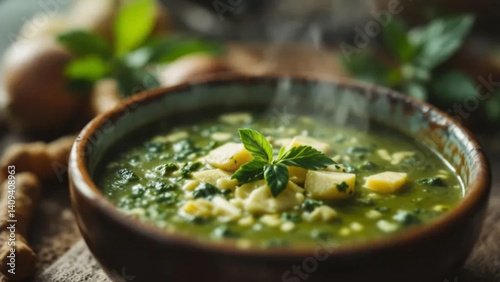 Portuguese caldo verde soup in the bowl. 