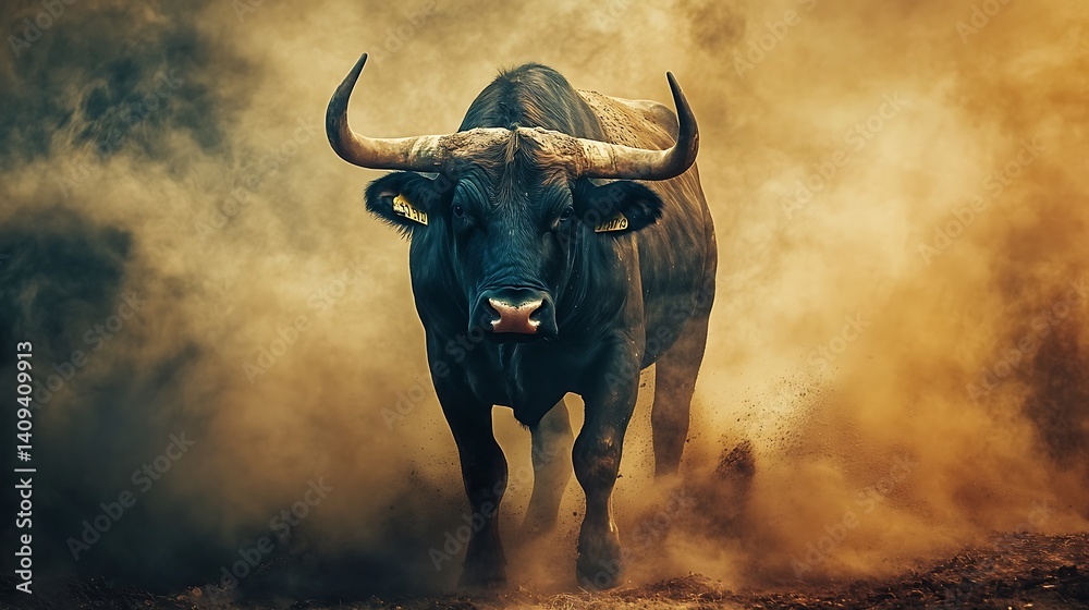 Majestic Black Bull Charging Forward Through Brown Dust Clouds Against Blurred Background