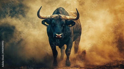 Wallpaper Mural Majestic Black Bull Charging Forward Through Brown Dust Clouds Against Blurred Background Torontodigital.ca