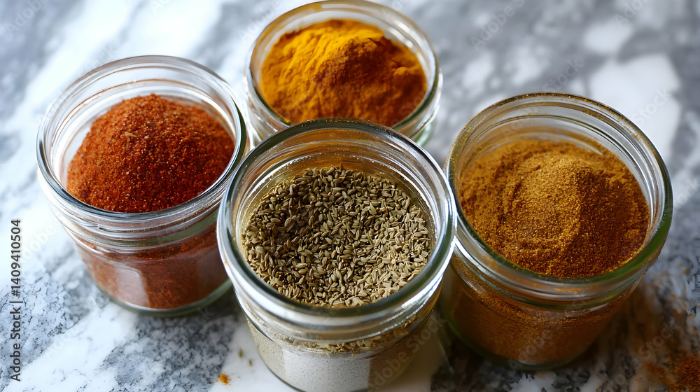 Four spice jars, various colors and textures Four spice jars, various colors and textures