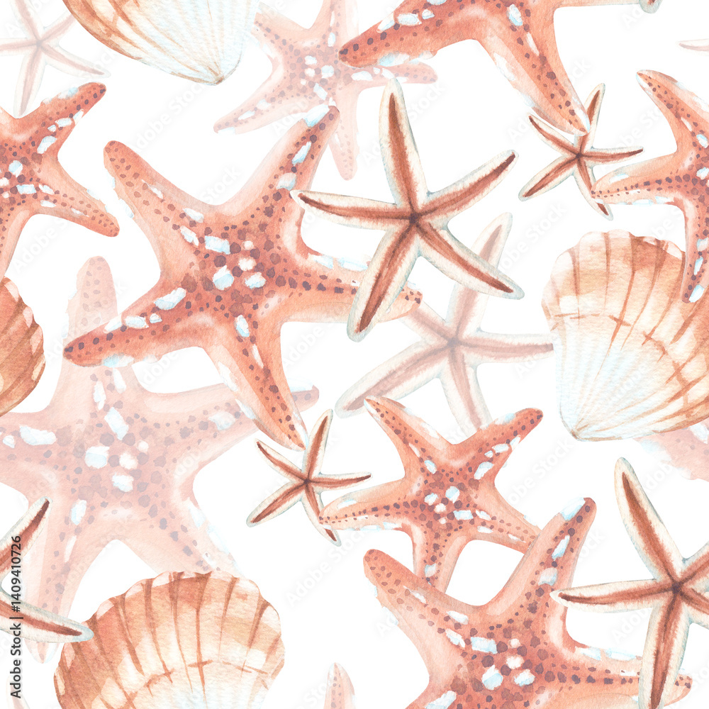 Starfish and seashell seamless watercolor pattern. Hand drawn ornament. Template for textile design, label, fabric and wallpaper. Starfish and seashell seamless watercolor pattern. Hand drawn ornament. Template for textile design, label, fabric and wallpaper.