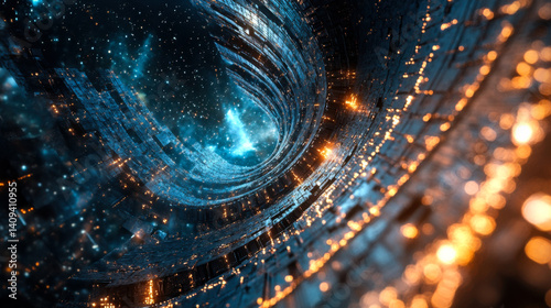 Obraz na płótnie Journey through a cosmic tunnel with swirling energy and shimmering lights at the edge of the universe w salonie