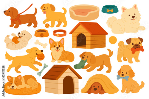 Adorable cartoon dog set with puppies, toys, beds, food bowls, bones, and dog houses. Cute vector clipart illustrations for kids, pet lovers, and design projects.