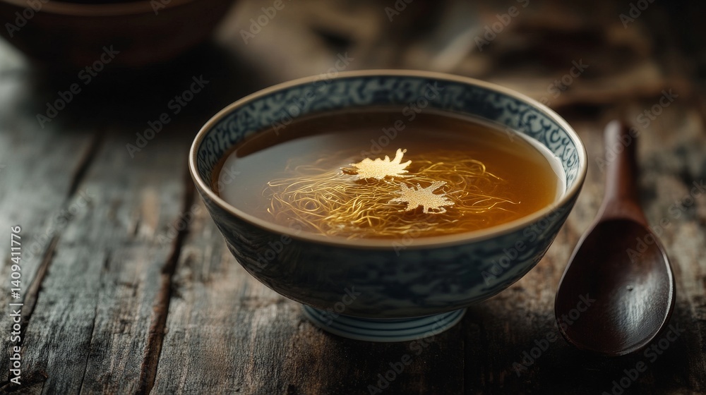 Macro photography of bird's nest soup in fine bone china bowl, individual strands visible and glistening with broth, garnished with thin gold leaf flakes, arranged on antique wooden table with Macro photography of bird's nest soup in fine bone china bowl, individual strands visible and glistening with broth, garnished with thin gold leaf flakes, arranged on antique wooden table with