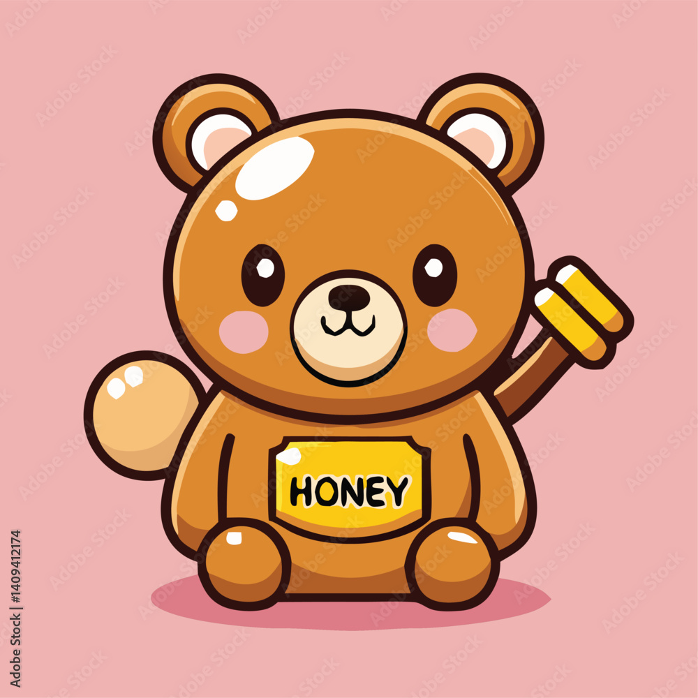 Fototapeta premium Adorable Cartoon Bear Honey Pot Character Holding Dipper Illustration