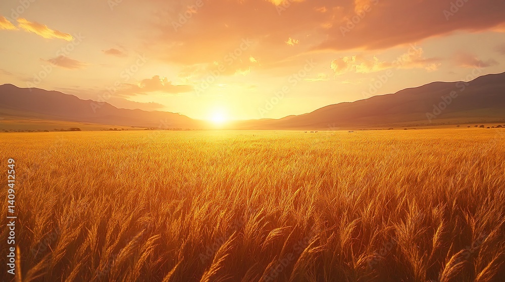 Obraz premium Golden wheat field at sunset, mountain background, ideal for a summer landscape ad