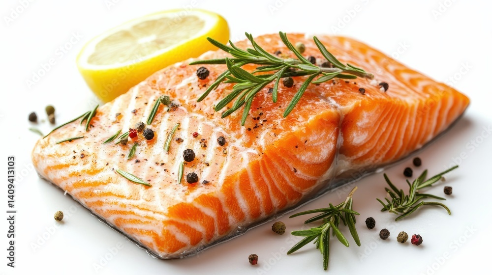 Fresh salmon fillet garnished with rosemary and lemon slices ready for a delicious meal preparation Fresh salmon fillet garnished with rosemary and lemon slices ready for a delicious meal preparation
