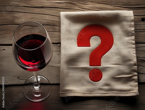 Mystery red wine glass on wooden table with a cloth displaying a large question mark, representing wine trivia, guessing game, or sommelier challenge theme


