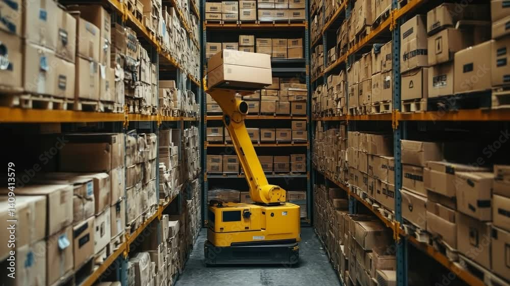 Yellow robotic arm, manipulator is lifting a package from a shelf full of cardboard boxes in a large warehouse. The robot is working autonomously in a fully automated storage facility. Copy space