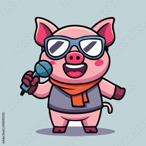 Cartoon Pig Character Singing With Microphone And Sunglasses Illustration