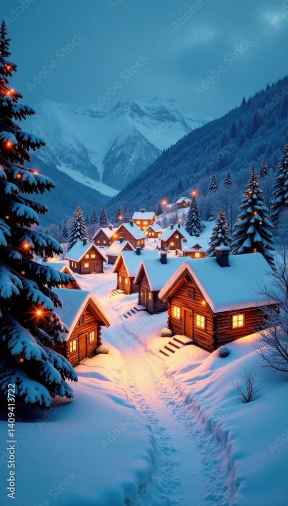 Fototapeta premium Snowy village with golden lights against a white snowy background, snowy landscape, festive atmosphere, cozy scene