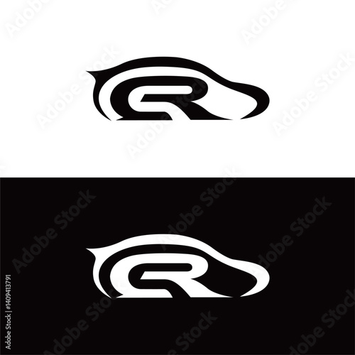 Sleek car silhouette with a bold "R" inside, symbolizing speed, performance, and modern automotive design.
