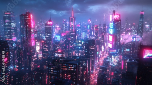 Wallpaper Mural A captivating twilight in a neon-lit cyberpunk city with towering skyscrapers Torontodigital.ca