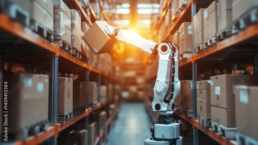 White robotic arm, manipulator is lifting a package from a shelf full of cardboard boxes in a large warehouse. The robot is working autonomously in a fully automated storage facility. Copy space