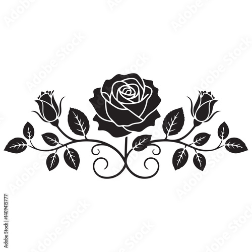 horizontal Vector Black silhouettes and white vignette with a rose. with white background