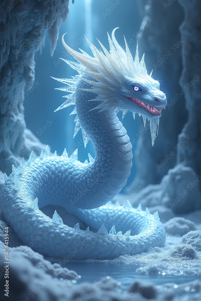 Fototapeta premium Majestic naga guardian glimmers in the icy depths of the underworld realm
