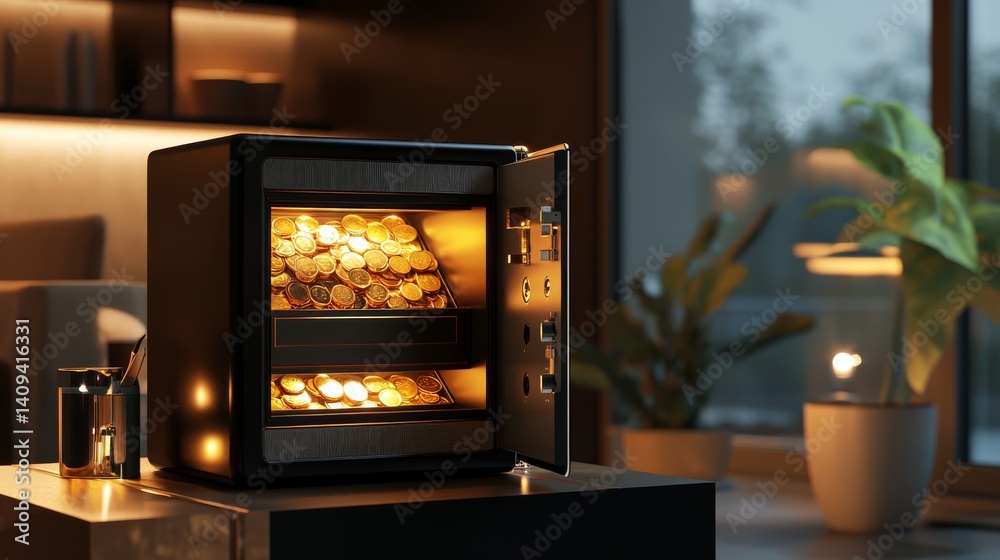 a premium 3d-rendered image of a high-security safe with an ajar door, showcasing an organized interior filled with gold coins the safe is placed on a modern platform, with precise lighting casting