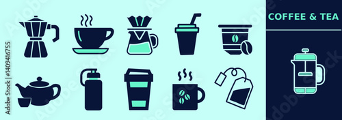Coffee, tea set of icons with moka, chemex, coffee pod, beans, coffee mug, tea cup, teapot, expresso machine, tea bag, paper cups. Editable icon elements, size and color. Convertible to line icons.