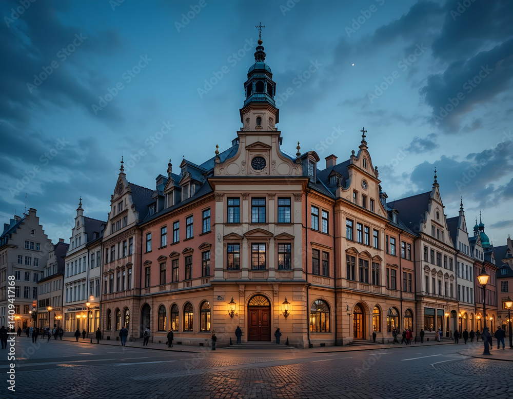 Historic City Building at Dusk with Cobblestone Street Historic City Building at Dusk with Cobblestone Street