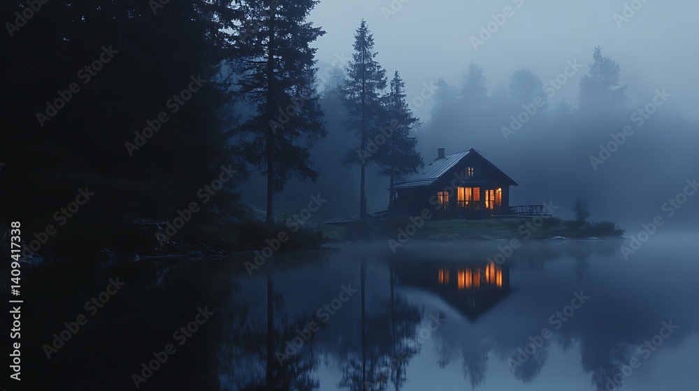 Fototapeta premium Mysterious Misty Cabin on Lake Shore at Night Surrounded by Dark Forest
