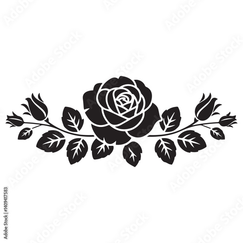 horizontal Vector Black silhouettes and white vignette with a rose. with white background