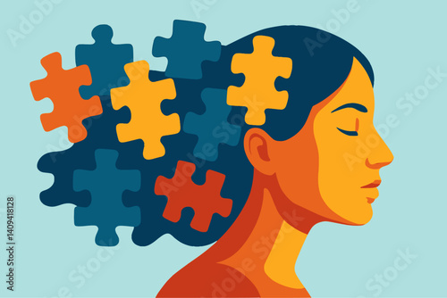 International Parental Mental Health Awareness Week. Blue monday or mental health day. woman with a puzzle brain. Neurodiversity, Disability Pride Month, world brain day, dementia