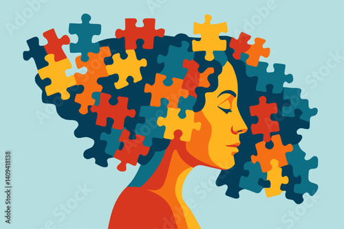 International Parental Mental Health Awareness Week. Blue monday or mental health day. woman with a puzzle brain. Neurodiversity, Disability Pride Month, world brain day, dementia