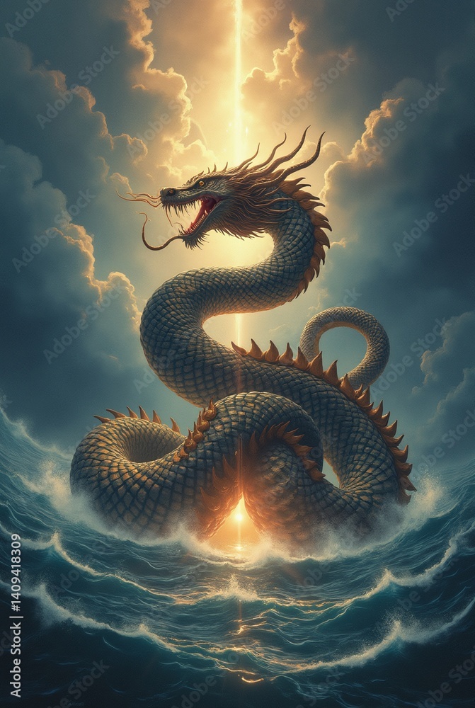 Fototapeta premium Serpent entwined around Mount Mandara illuminates the sky during cosmic churning
