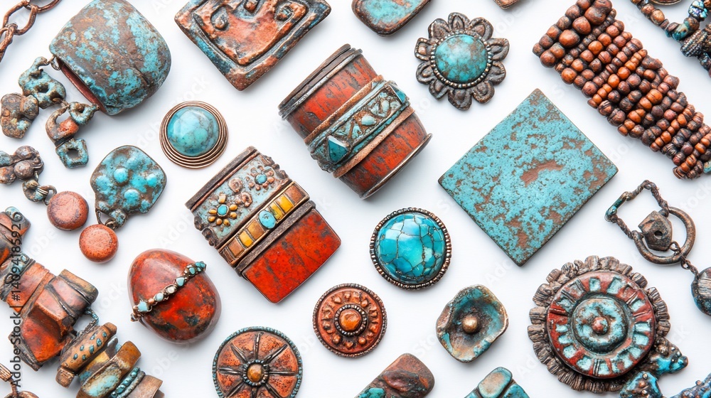 Fototapeta premium Handmade turquoise jewelry arranged on a white surface, flat lay for e-commerce