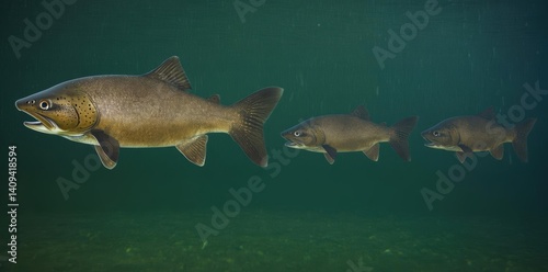 Fish Swim In formation In The Murky Depths Of Freshwater Lake Habitat