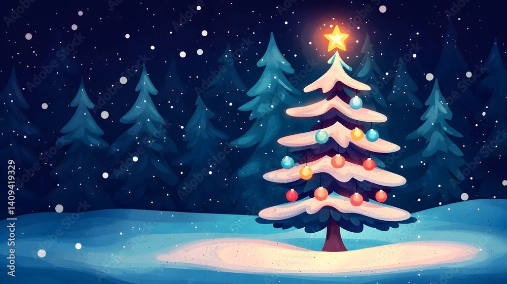 Enchanting winter night with a glowing Christmas tree Enchanting winter night with a glowing Christmas tree