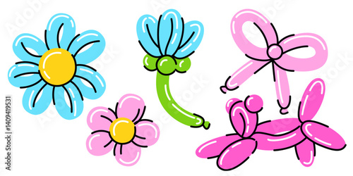 Inflatable balloon figures - colorful daisy shaped flowers with big petals, bow element, dog shaped toy. Childish vector doodle illustration set for party decor, summer event, kid celebration.