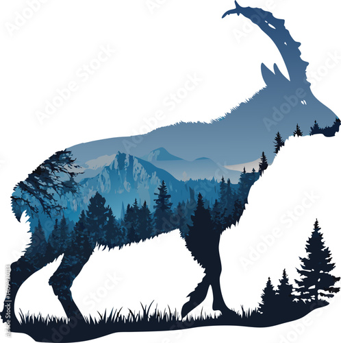 A wild mountain goat silhouette, a mammal with horns, stands on a rocky mountain in a vast nature landscape photo