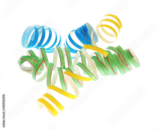 Bright serpentine streamers on white background. Festive decor
