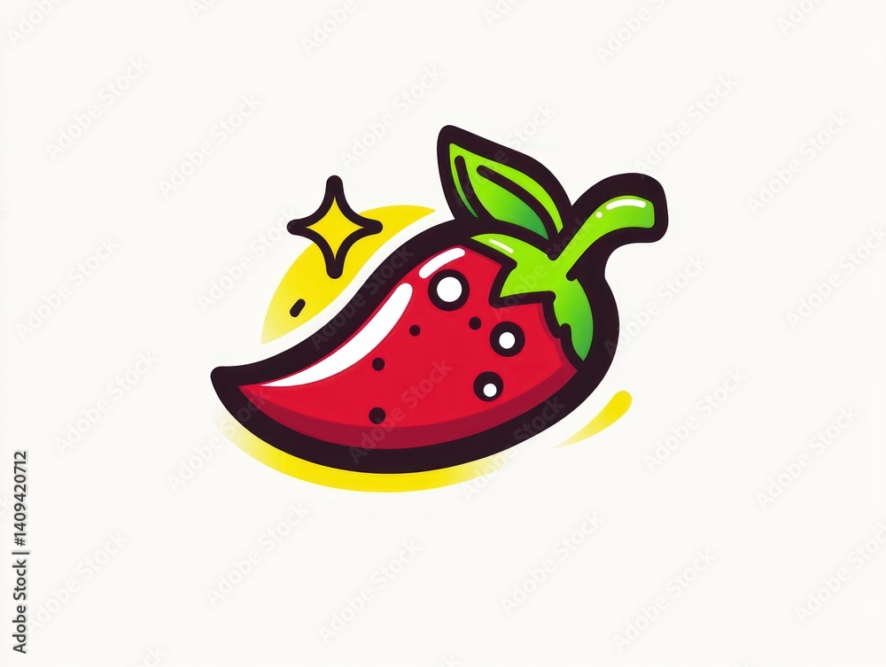 A vibrant red chili pepper, with green stem and leaves, encircled by a yellow glow, sparkles nearby A vibrant red chili pepper, with green stem and leaves, encircled by a yellow glow, sparkles nearby