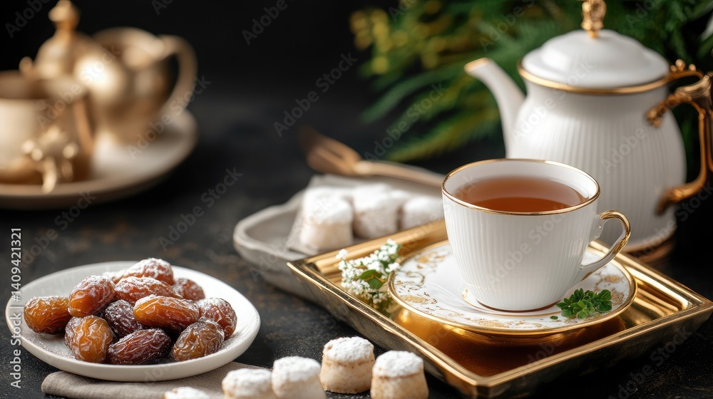 Elegant Tea Setting with Cup, Dates, and Sweets on Dark Table Elegant Tea Setting with Cup, Dates, and Sweets on Dark Table