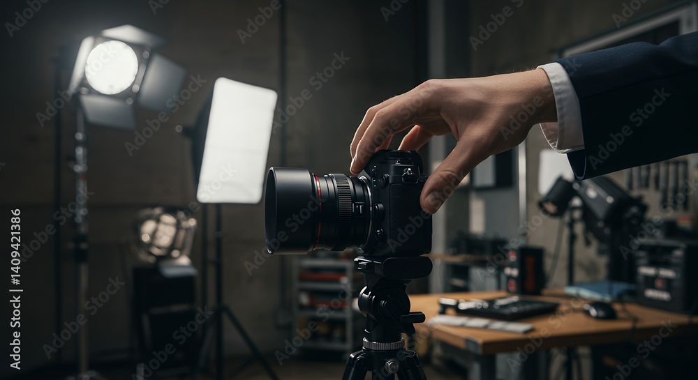 Professional photographer adjusting dslr camera in studio Professional photographer adjusting dslr camera in studio
