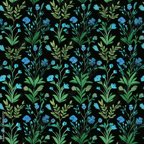 Wallpaper Mural Midnight Bloom: Teal and Green Floral Textile Pattern Torontodigital.ca