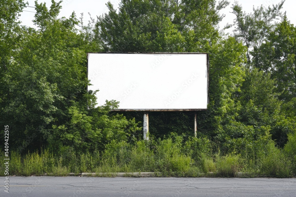Fototapeta premium Blank billboard surrounded by lush greenery, a rustic roadside scene perfect for your message. Ready for advertising creativity.
