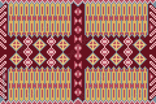 Pixel art wallpaper oriental seamless pattern, Ornament, Ethnic, Geometric ornament, Blanket, Decor style, Rug, Woven carpet fabric, Pattern on Product.